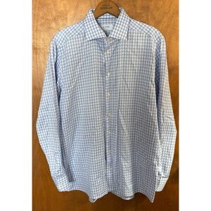 Eton Blue Checkered Men's Button Down Dress Shirt 43 17 XL Office Formal Work